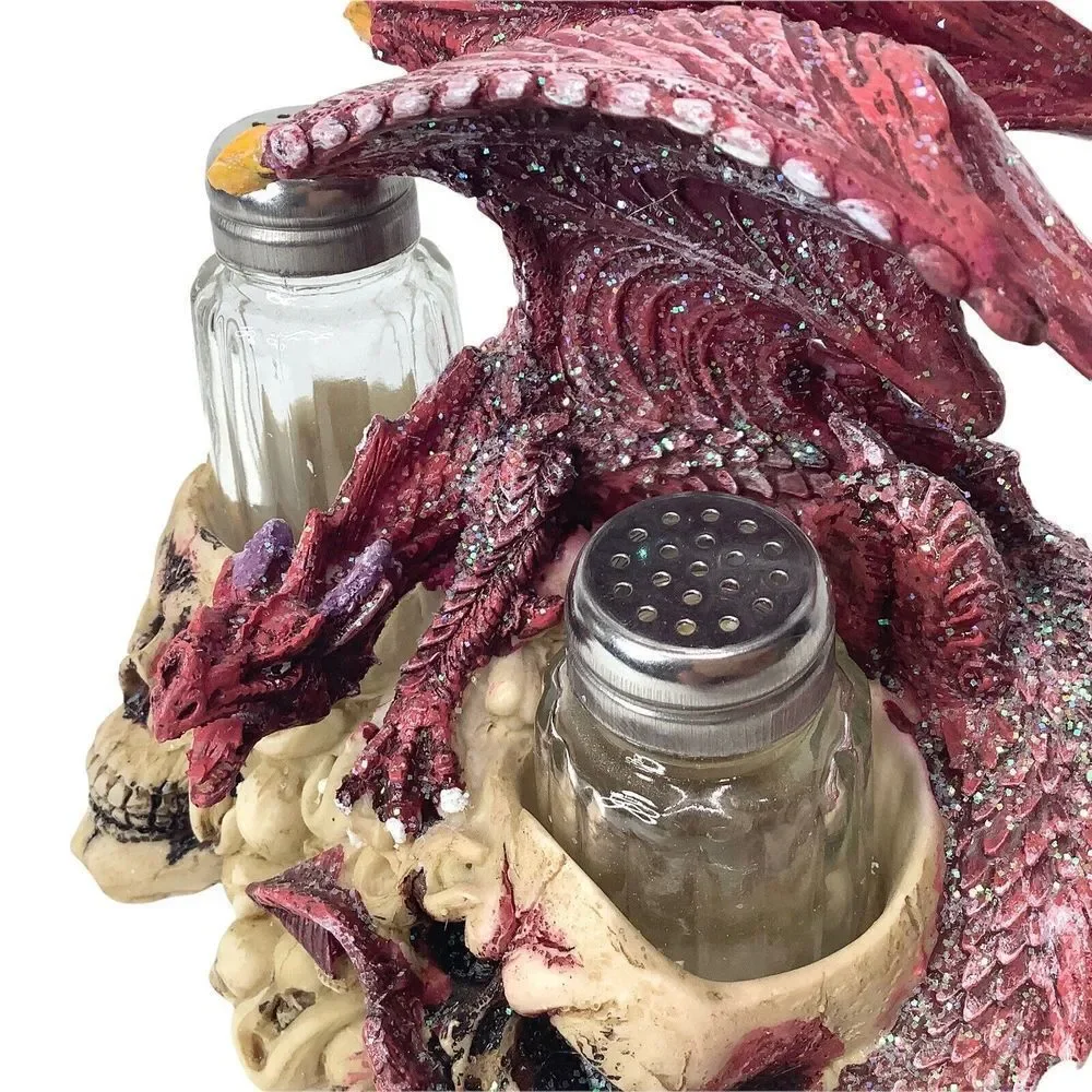 SALT & Pepper‎ Shaker Set Medieval Purple Dragon and Skulls holder